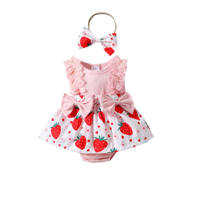 Sleeveless Infant Strawberry Print Bow Romper - Tiny Cherub