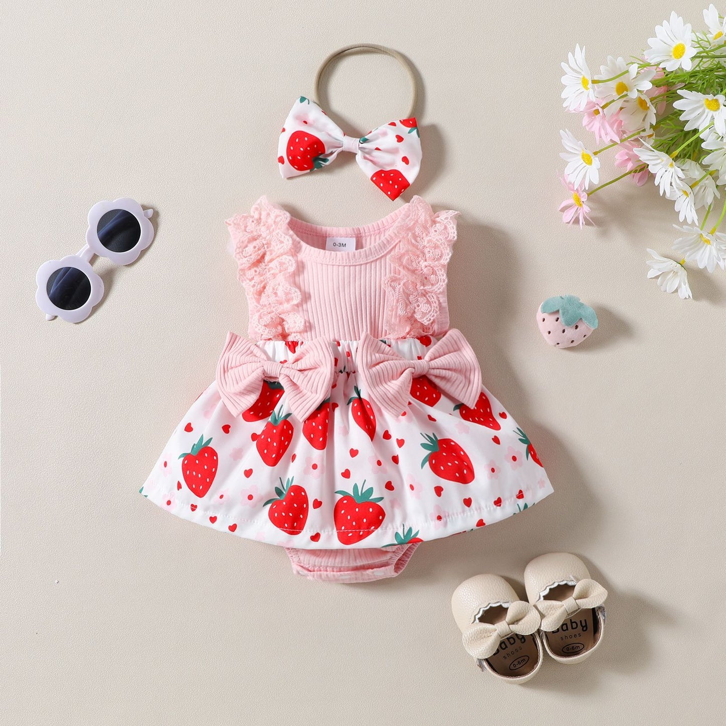 Sleeveless Infant Strawberry Print Bow Romper - Tiny Cherub