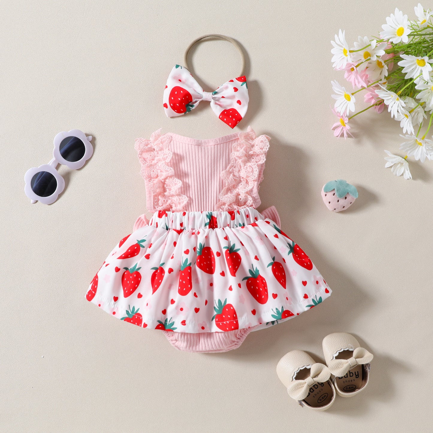 Sleeveless Infant Strawberry Print Bow Romper - Tiny Cherub